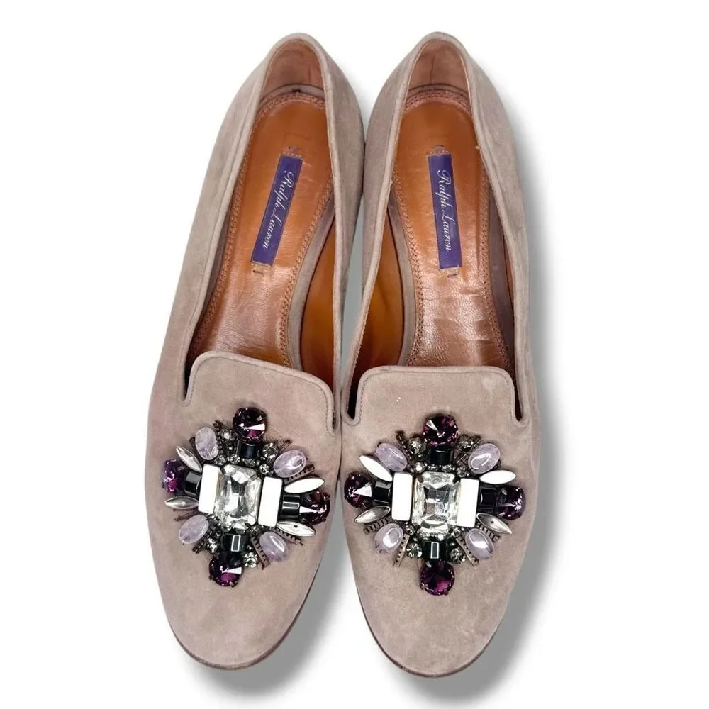 Ralph Lauren Purple Label Suede Jeweled Loafers Crystal Embellishment Shoes 38.5